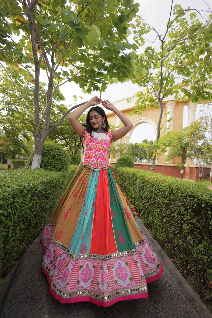 Multicolor Cotton Mirror Work Lehenga Set | Tulip Designer
