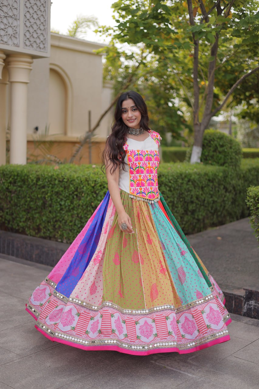 Multicolor Cotton Mirror Work Lehenga Set | Tulip Designer
