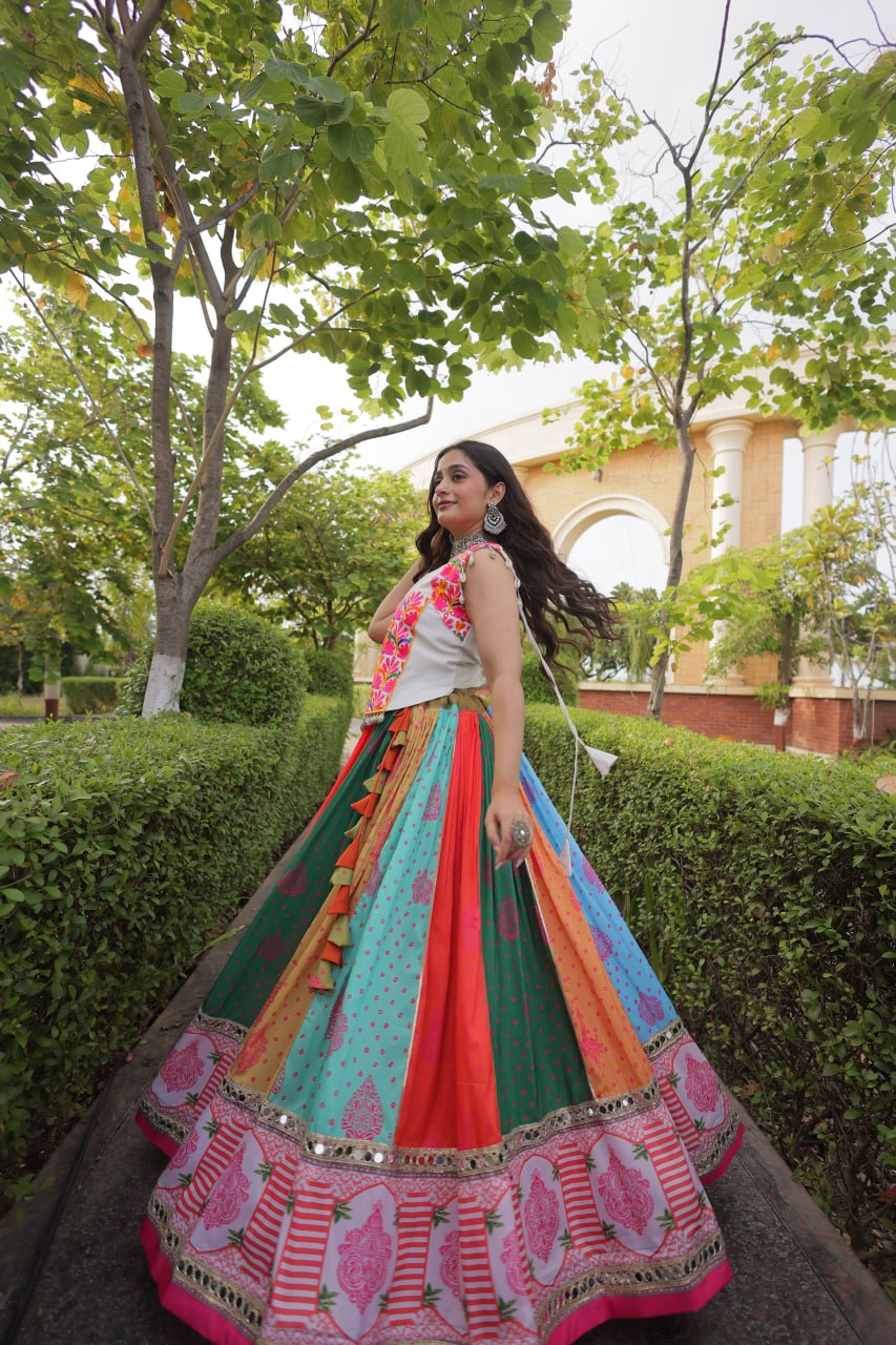 Multicolor Cotton Mirror Work Lehenga Set | Tulip Designer

