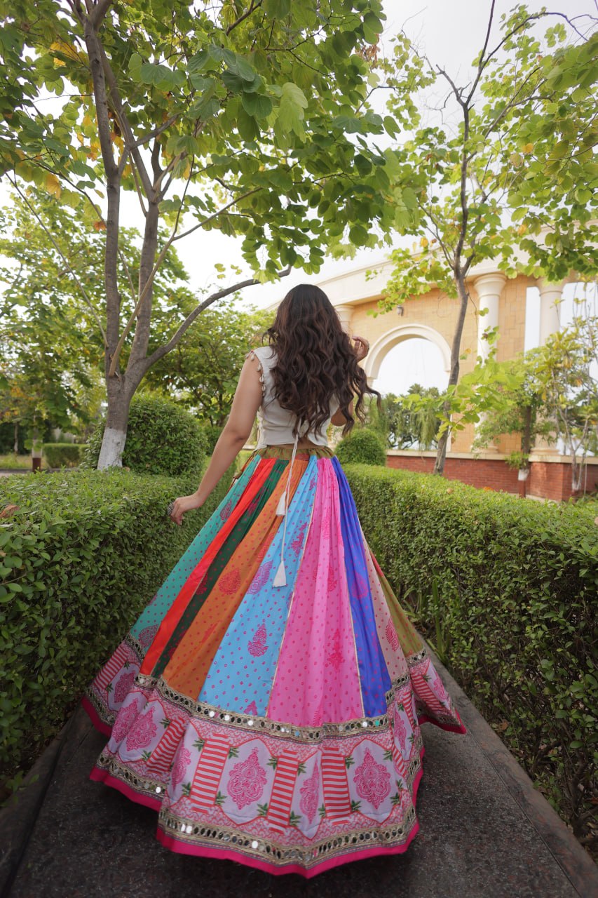 Multicolor Cotton Mirror Work Lehenga Set | Tulip Designer
