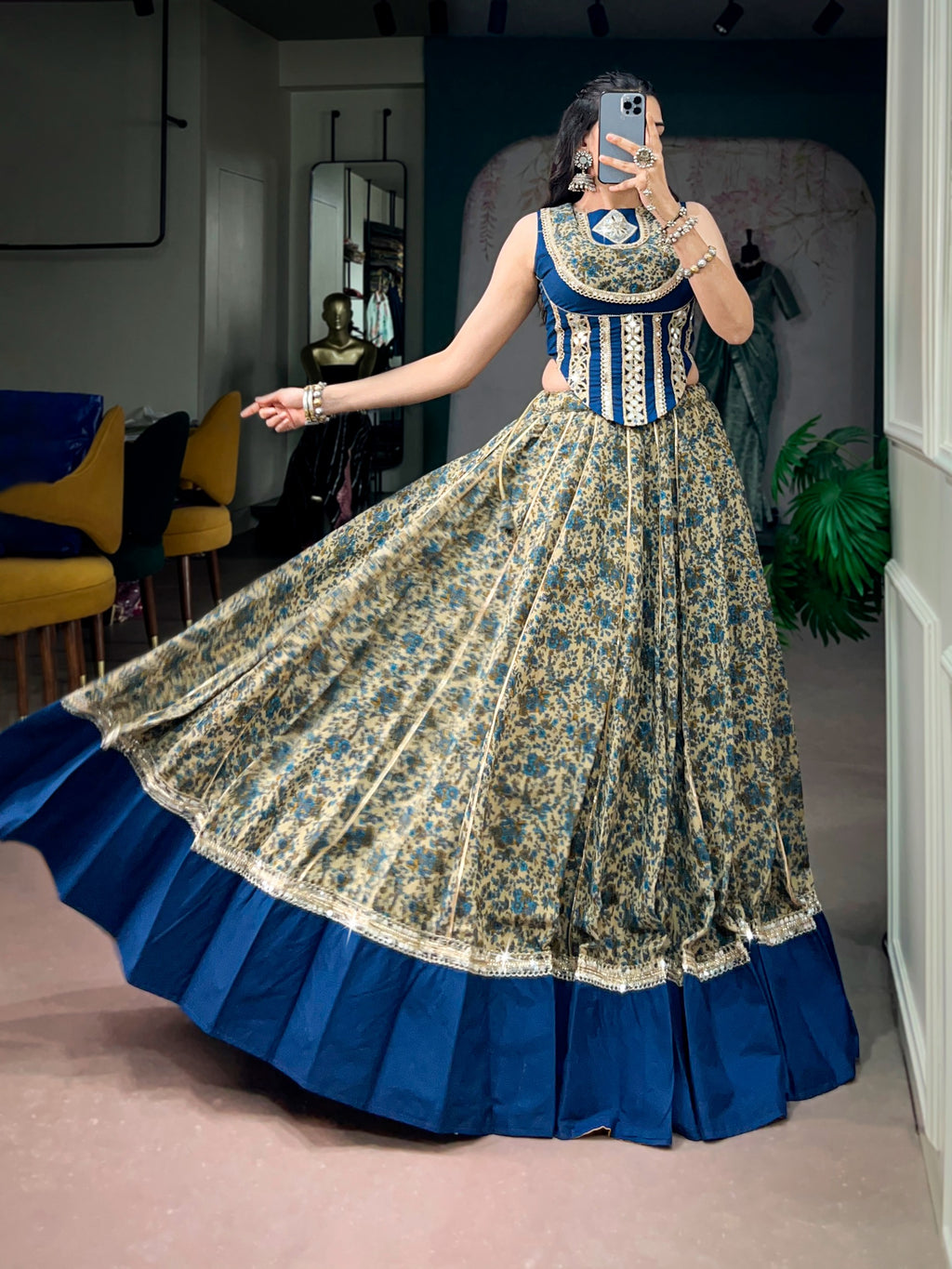 Chanderi Cotton Real Mirror Lace Lehenga Set | Tulip Designer
