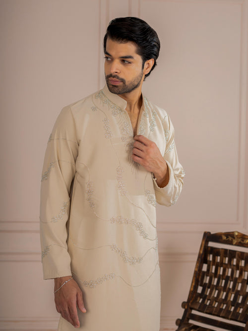 Attractive Cream Armani Beads Kurta Set | Tulip Designer
