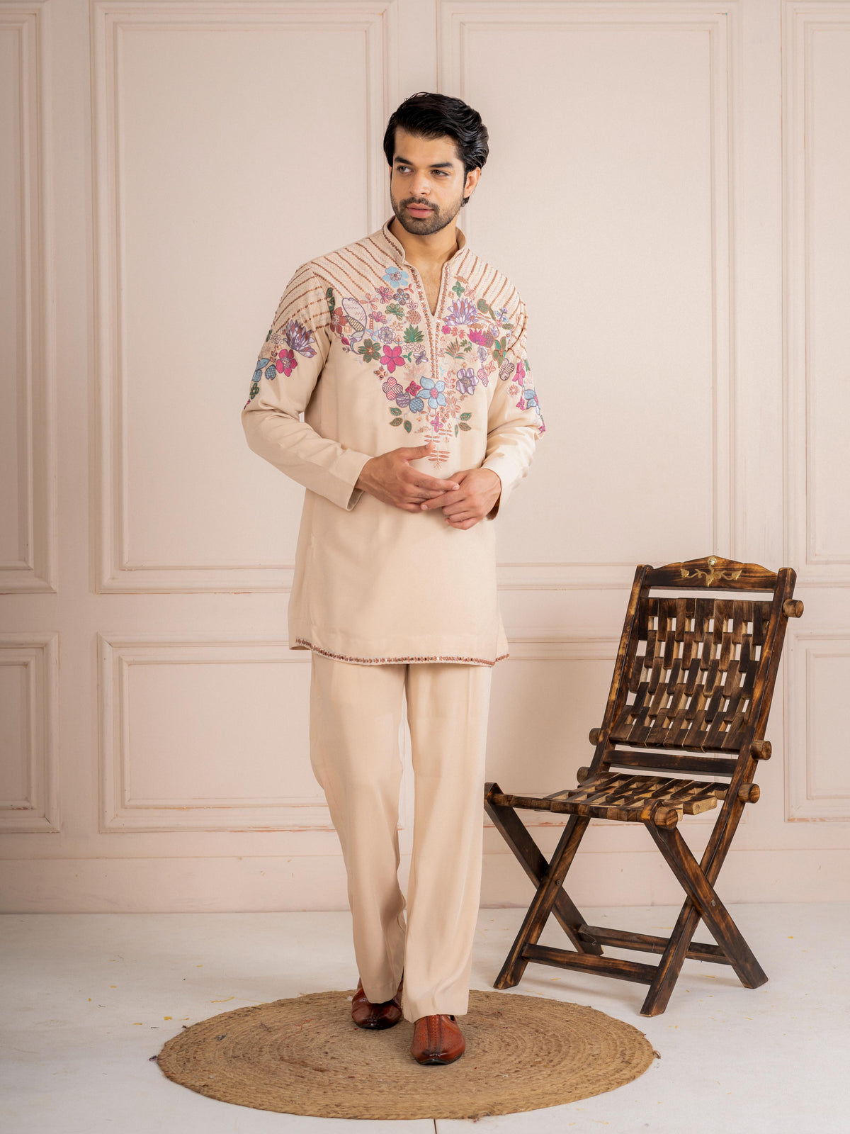 Cream Armani Thread Sequence Kurta For Men| Tulip Designer
