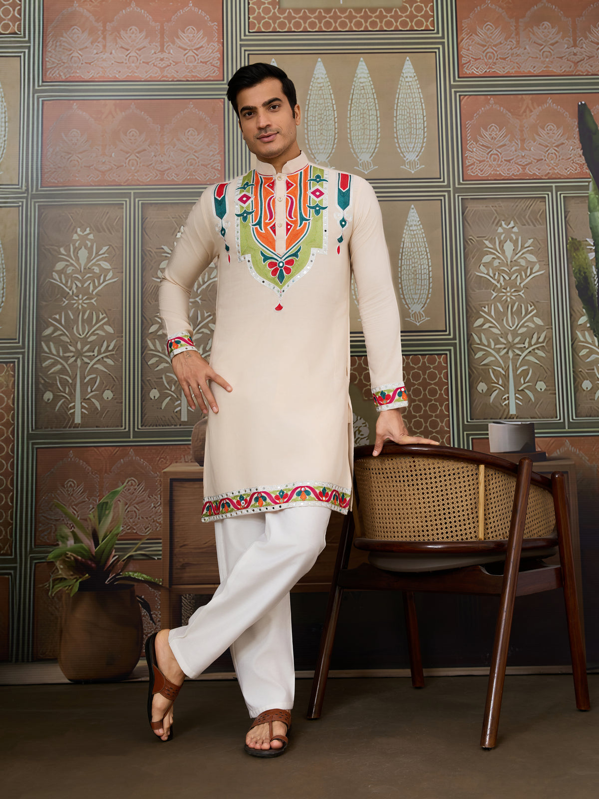 Cream Embroidered Festival Wear Kurta for Men