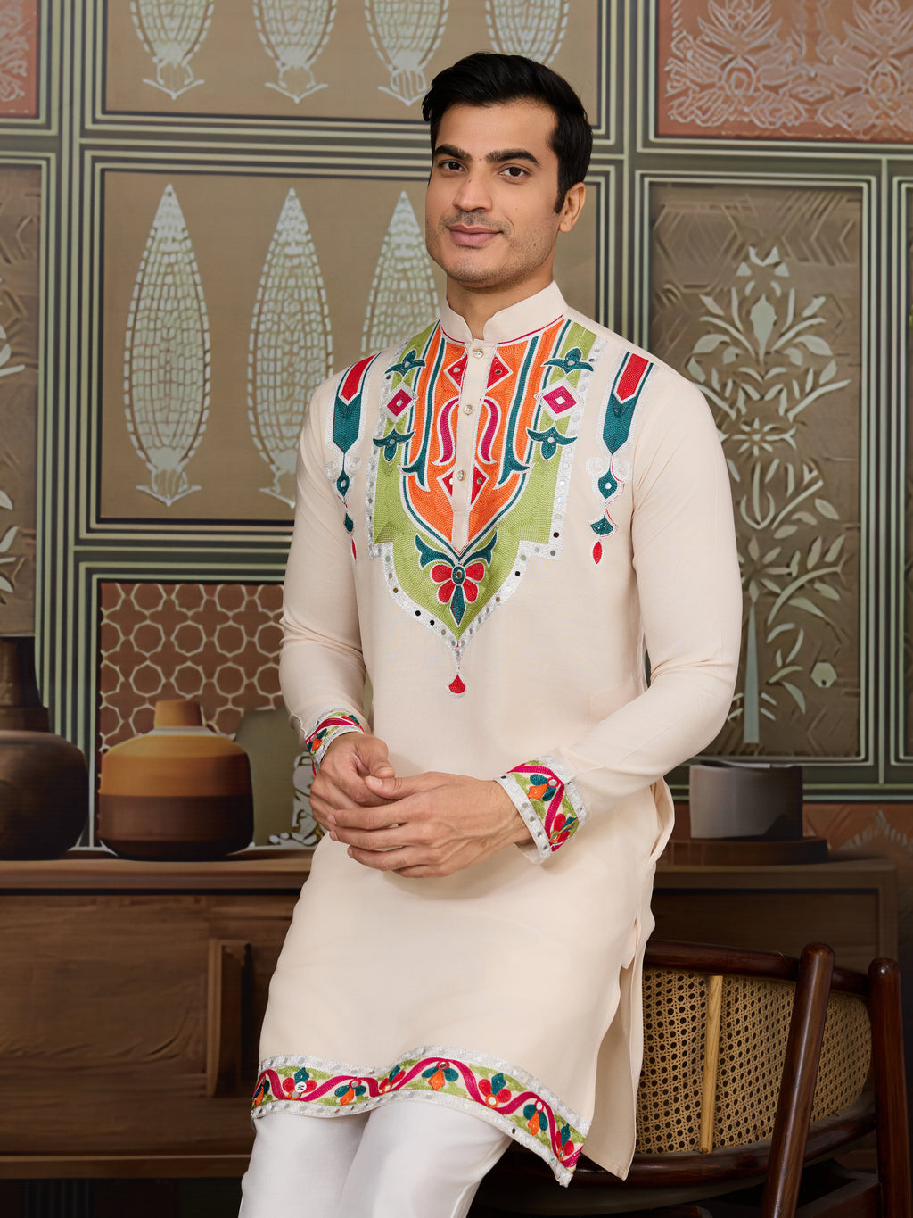 Cream Embroidered Festival Wear Kurta for Men
