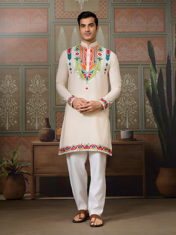 Cream Embroidered Festival Wear Kurta for Men
