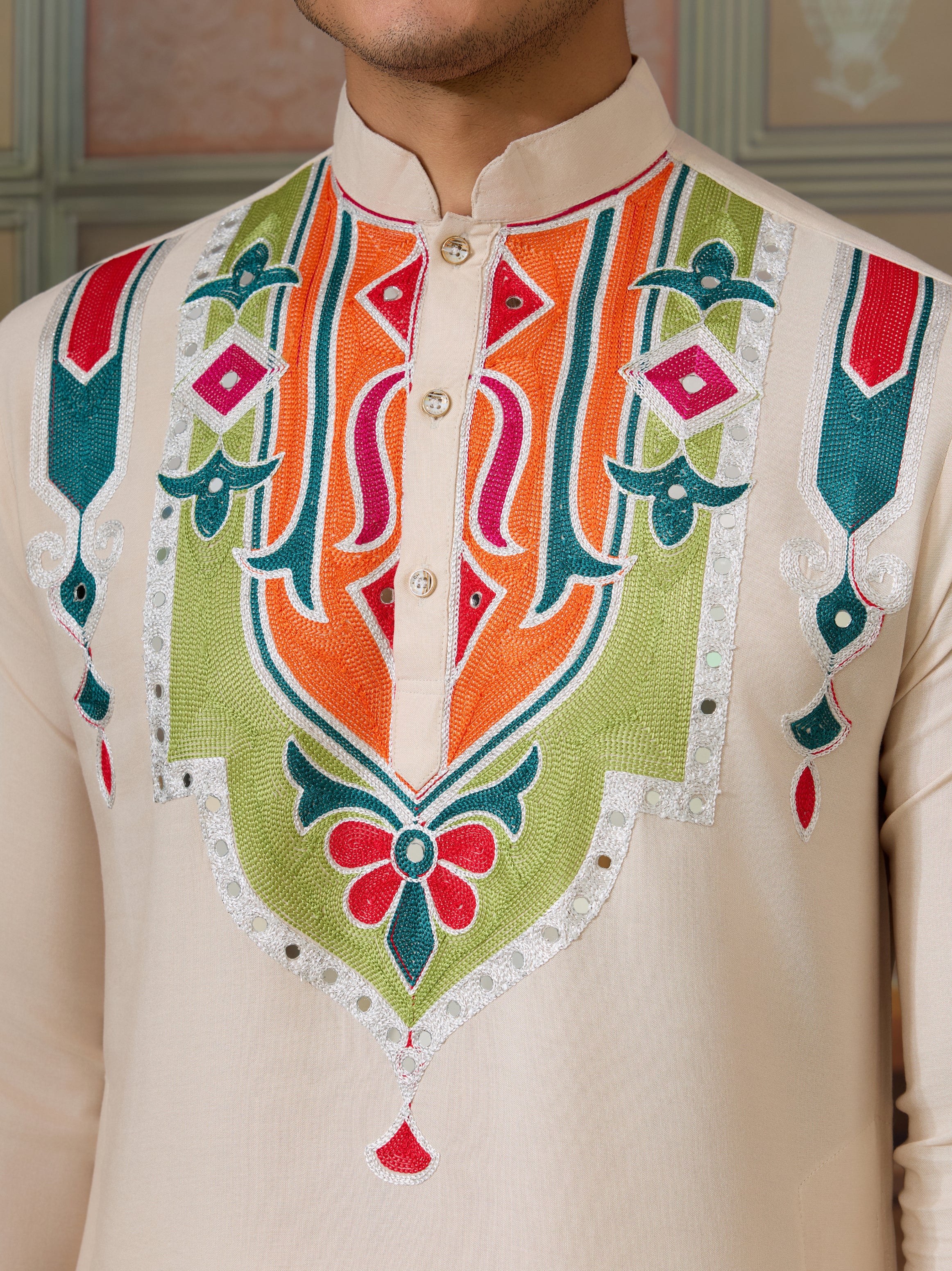 Cream Embroidered Festival Wear Kurta for Men
