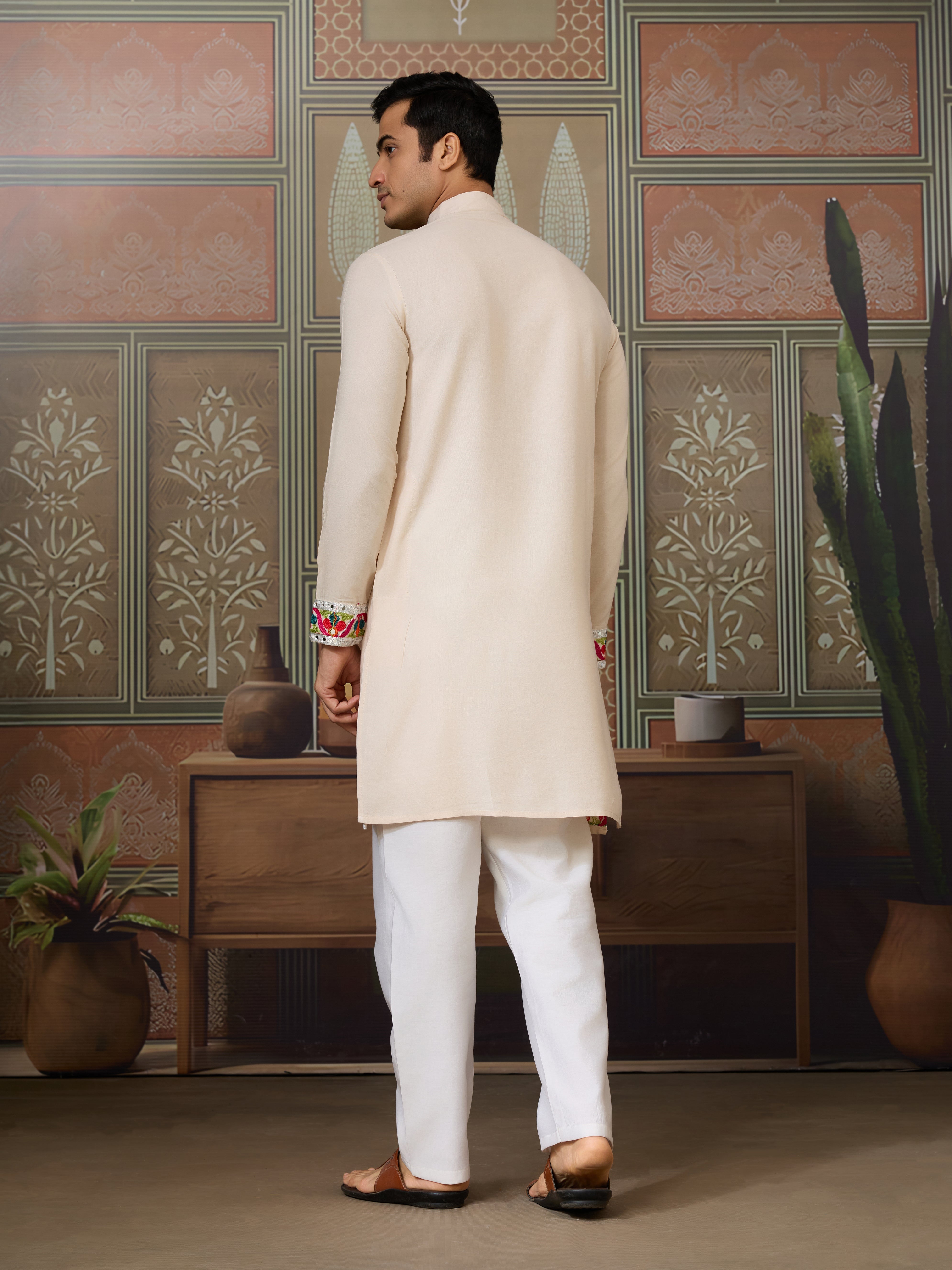 Cream Embroidered Festival Wear Kurta for Men
