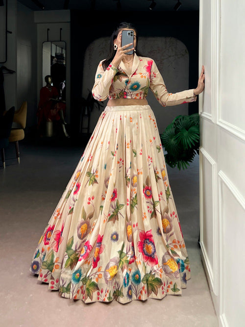 Cream Floral Print Tasar Silk Lehenga Choli Set For Festive Wear

