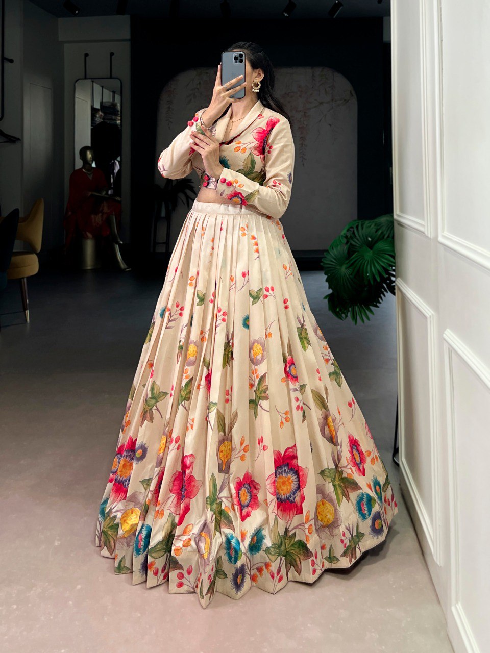 Cream Floral Print Tasar Silk Lehenga Choli Set For Festive Wear
