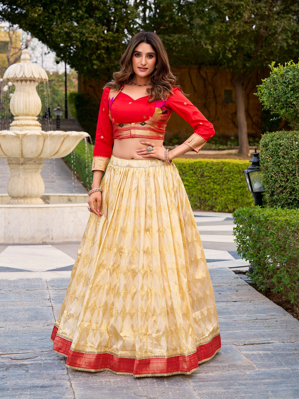 Luxury Cream Jacquard Silk Paithani Lehenga Set With Koti
