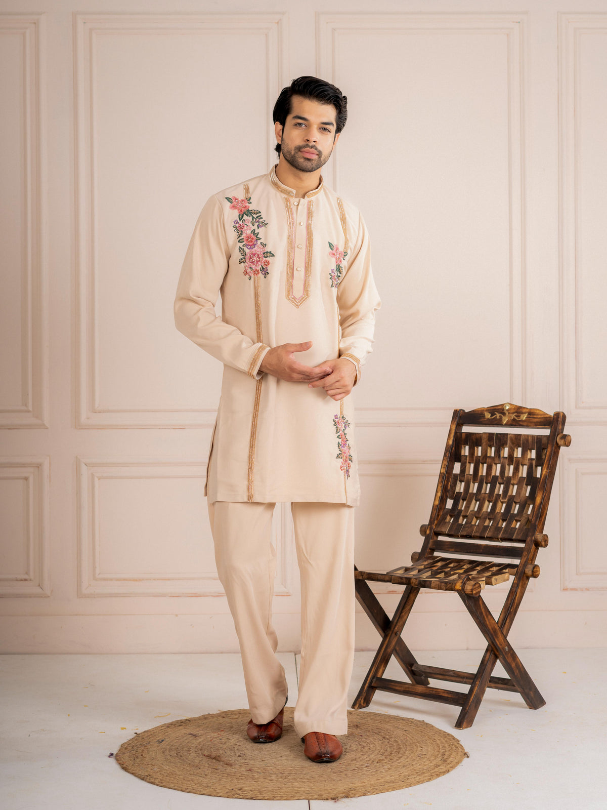 Royal Cream Armani Embroidered Mens Kurta  | Tulip Designer
