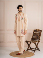 Royal Cream Armani Embroidered Mens Kurta  | Tulip Designer
