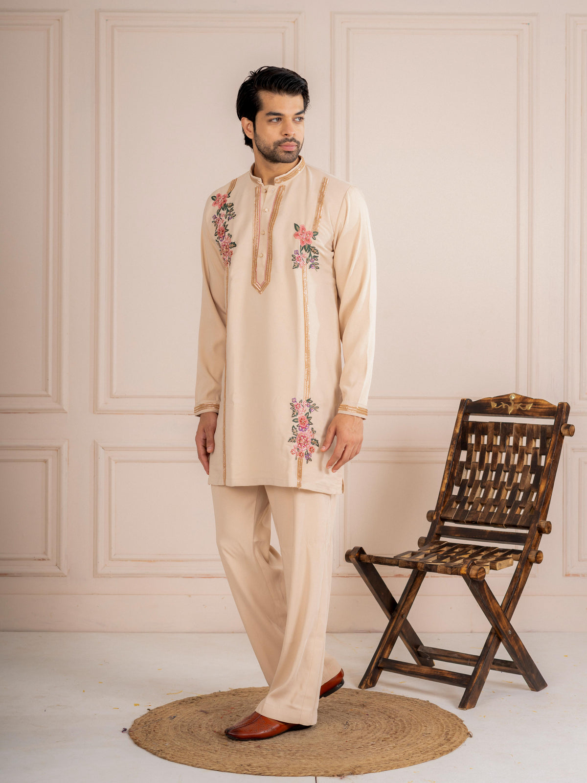 Royal Cream Armani Embroidered Mens Kurta  | Tulip Designer
