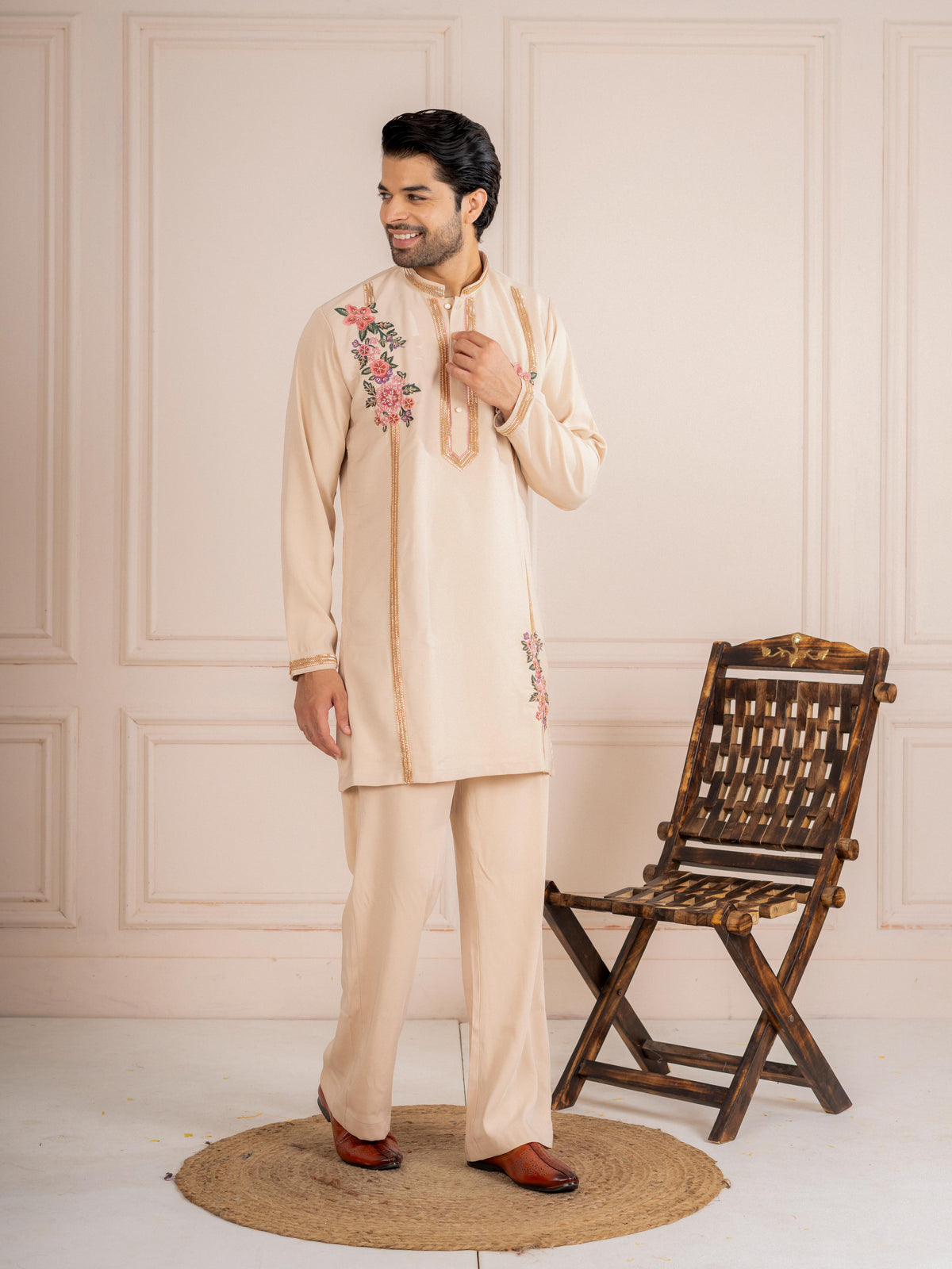 Royal Cream Armani Embroidered Mens Kurta  | Tulip Designer

