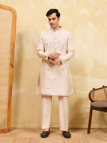 Royal Cream Mirror Kurta with Matching Pants for Wedding Attire
