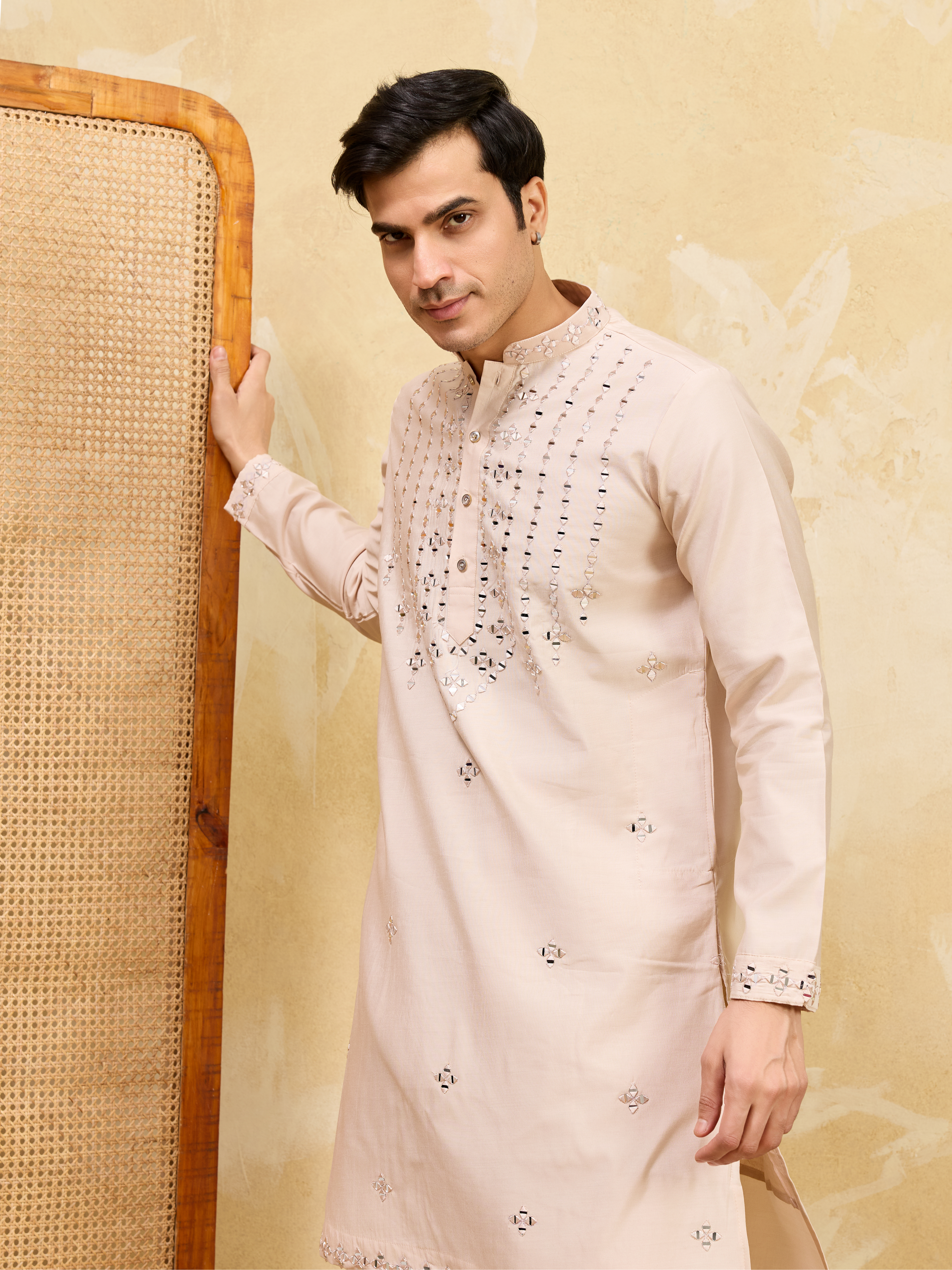 Royal Cream Mirror Kurta with Matching Pants for Wedding Attire
