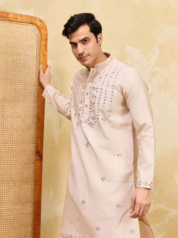 Royal Cream Mirror Kurta with Matching Pants for Wedding Attire
