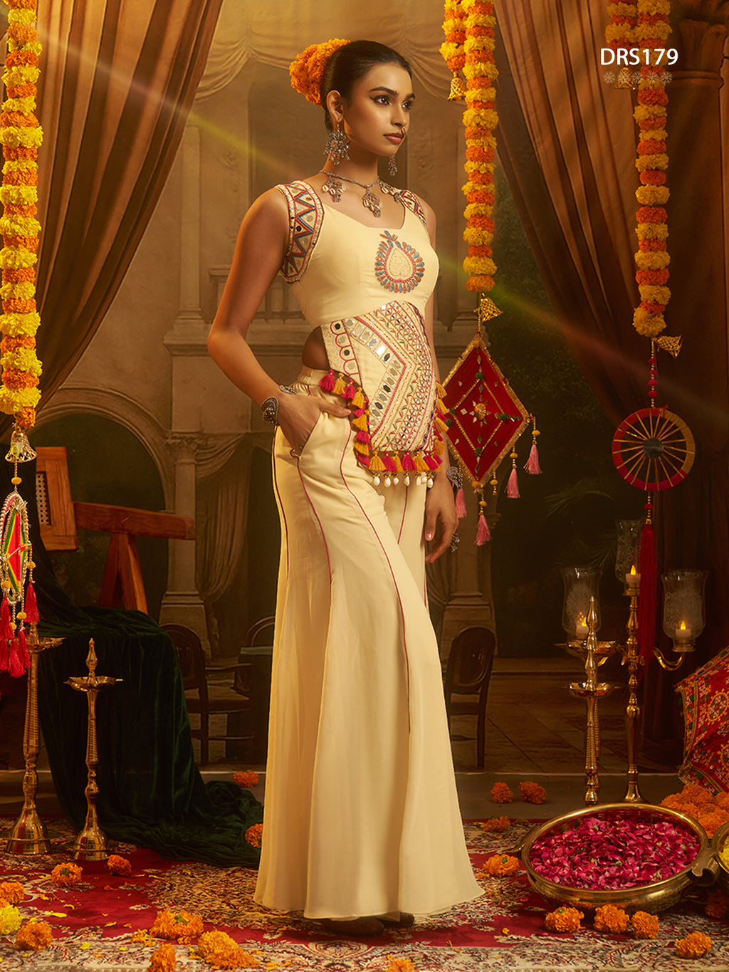 Cream Georgette Top Plazzo Set | Tulip Designer
