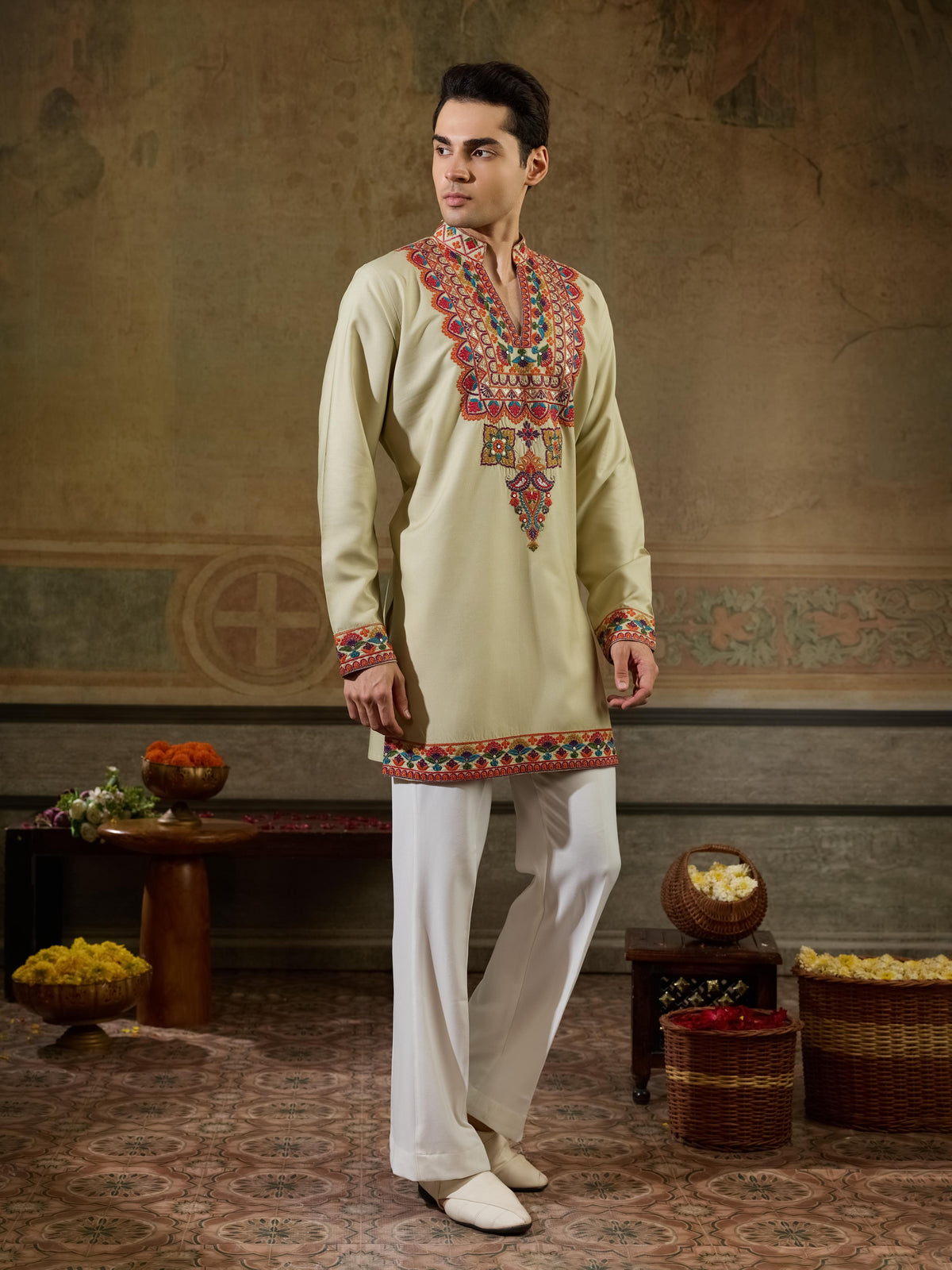 Cream Embroidery V Neck Kurta Set | Tulip Designer 
