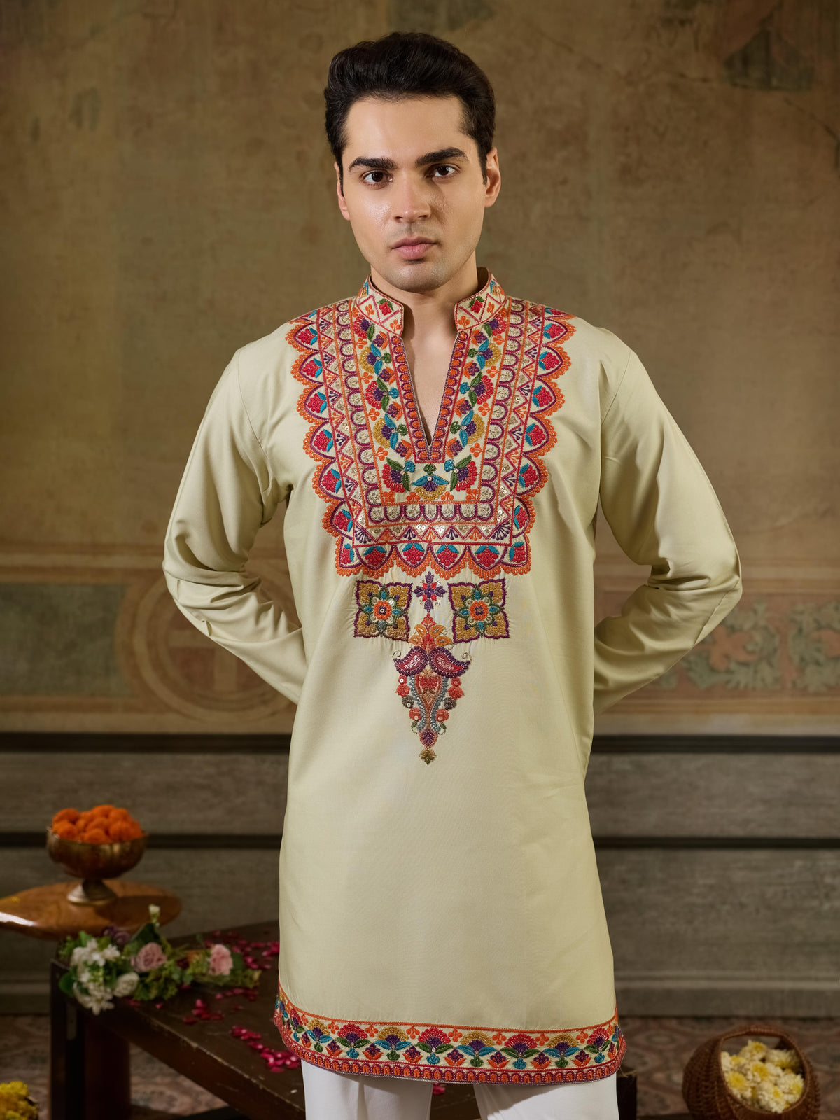 Cream Embroidery V Neck Kurta Set | Tulip Designer 
