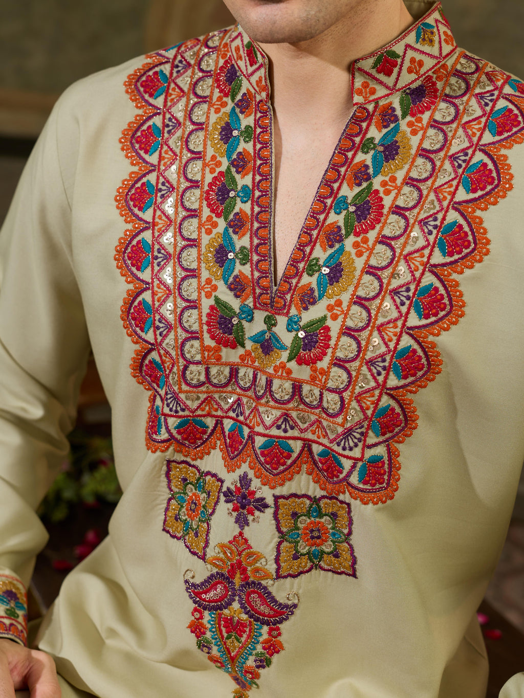 Cream Embroidery V Neck Kurta Set | Tulip Designer 
