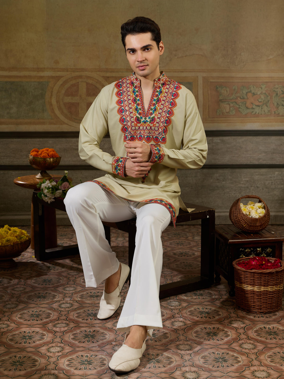 Cream Embroidery V Neck Kurta Set | Tulip Designer 
