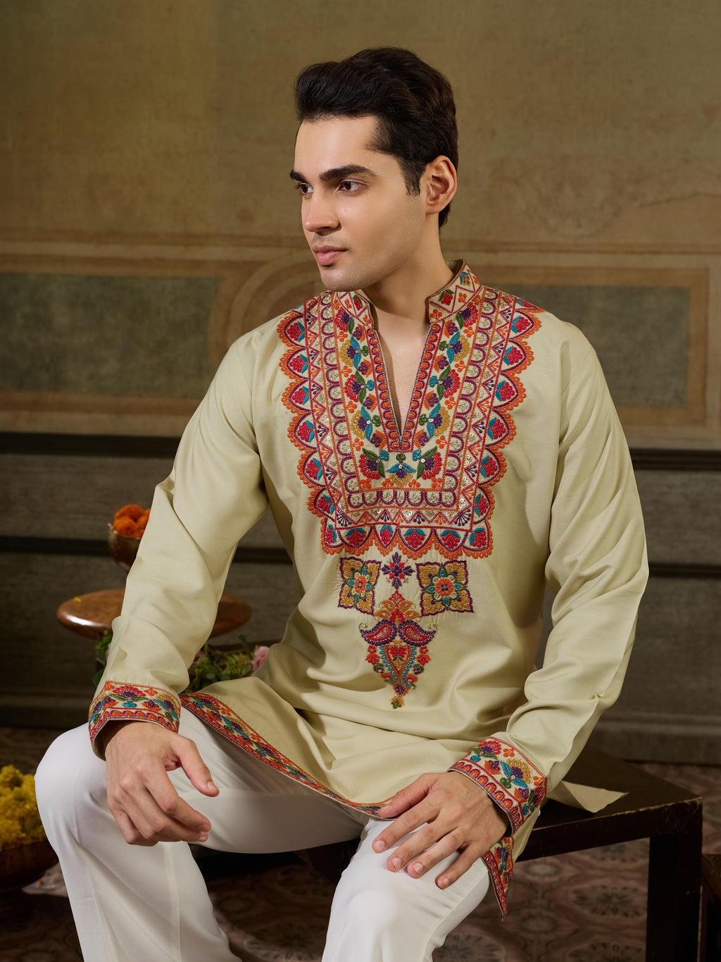 Cream Embroidery V Neck Kurta Set | Tulip Designer 
