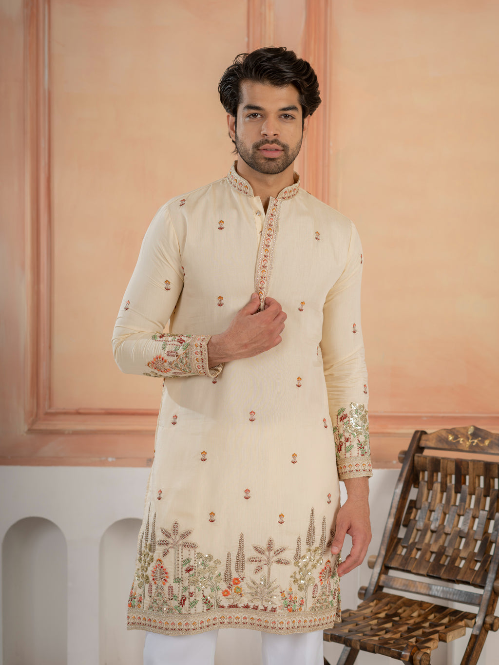 Cream Roman Shimmer Multi Color Embroidered Kurta For Festive Wear