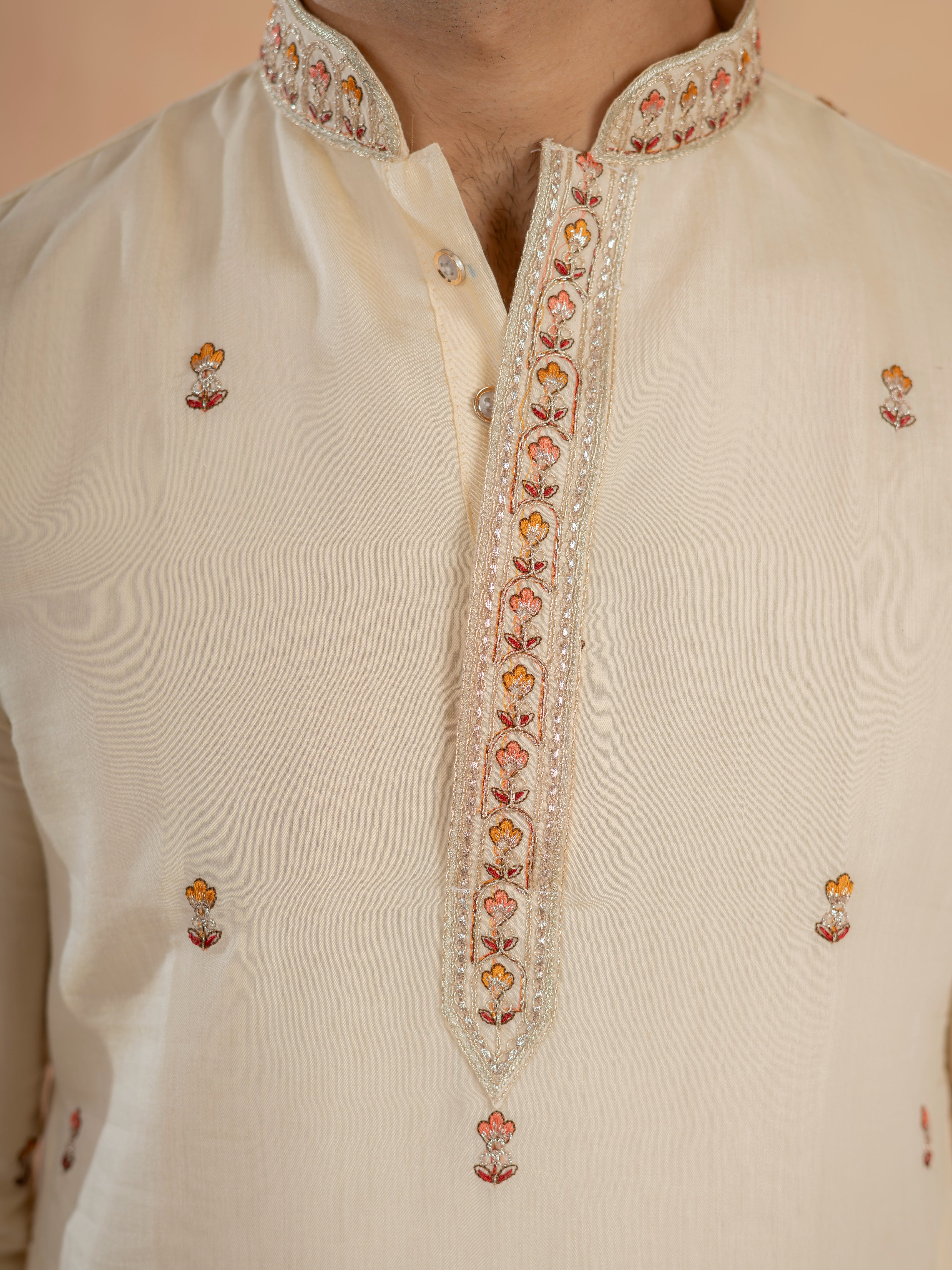 Cream Roman Shimmer Multi Color Embroidered Kurta For Festive Wear