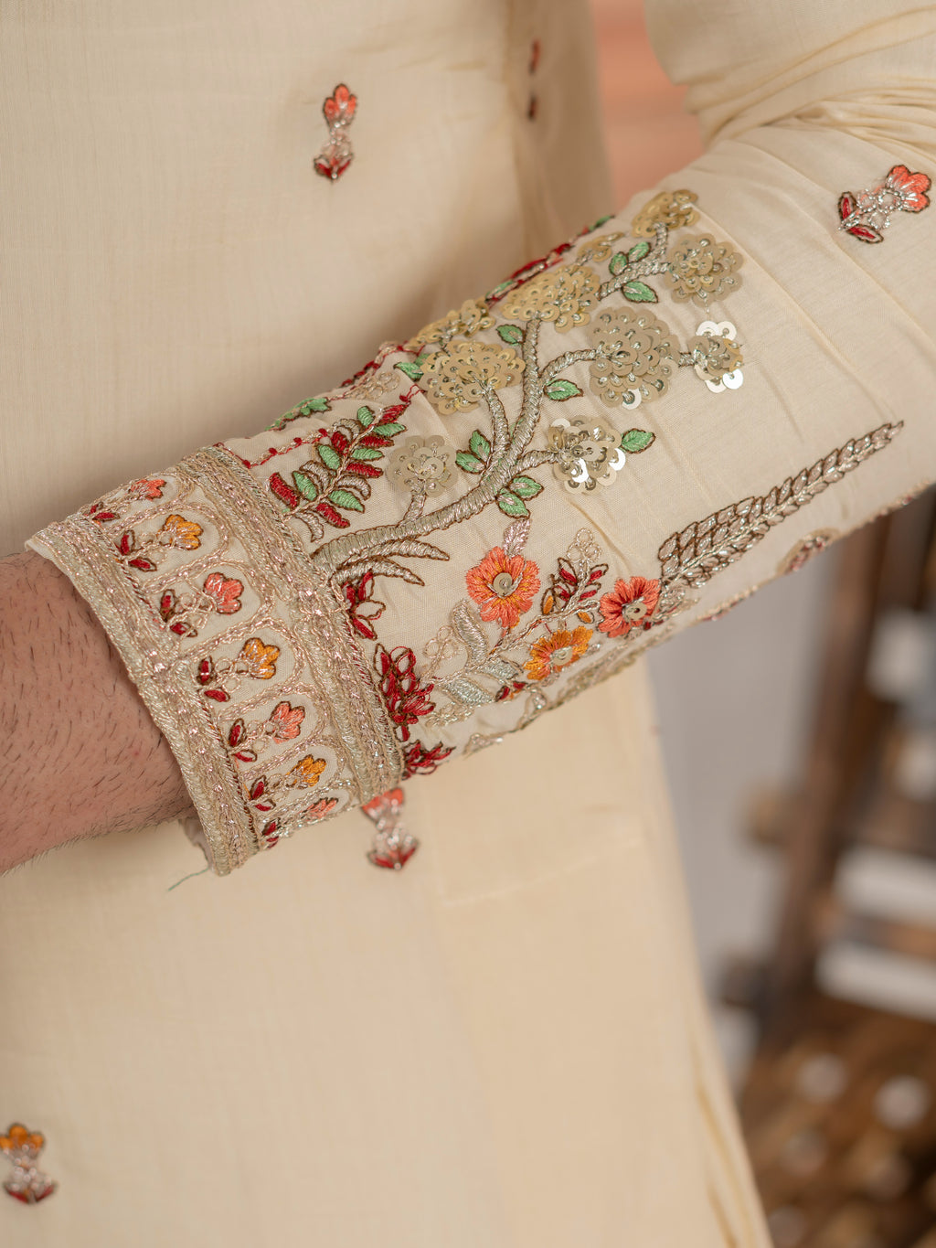 Cream Roman Shimmer Multi Color Embroidered Kurta For Festive Wear

