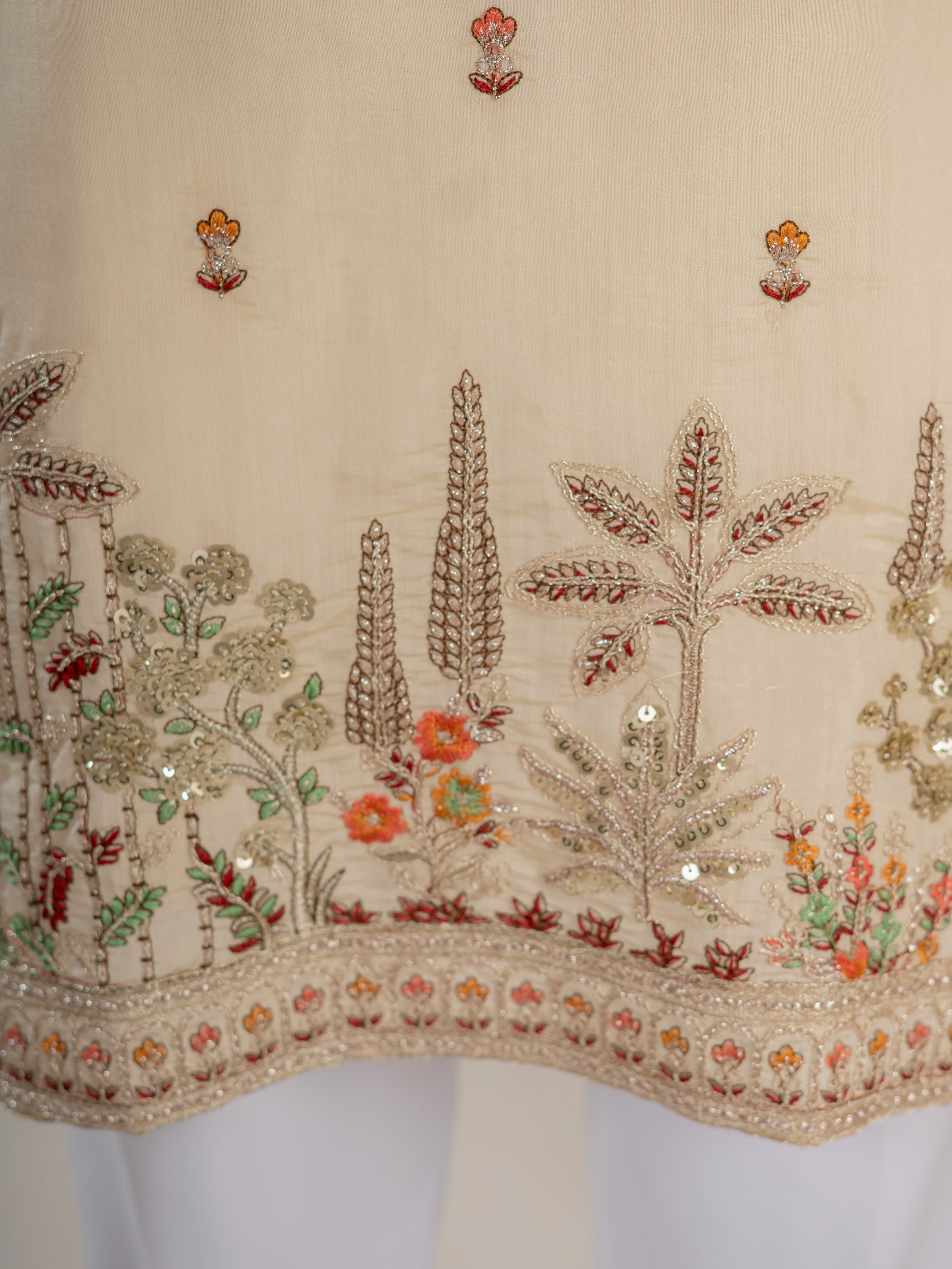 Cream Roman Shimmer Multi Color Embroidered Kurta For Festive Wear
