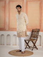 Cream Roman Shimmer Multi Color Embroidered Kurta For Festive Wear