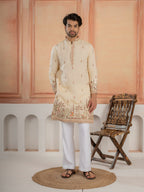 Cream Roman Shimmer Multi Color Embroidered Kurta For Festive Wear
