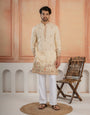 Cream Roman Shimmer Multi Color Embroidered Kurta For Festive Wear
