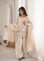 Graceful Cream Glass Roman Silk Jari Work Kurta with Designer Dupatta
