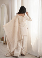 Graceful Cream Glass Roman Silk Jari Work Kurta with Designer Dupatta
