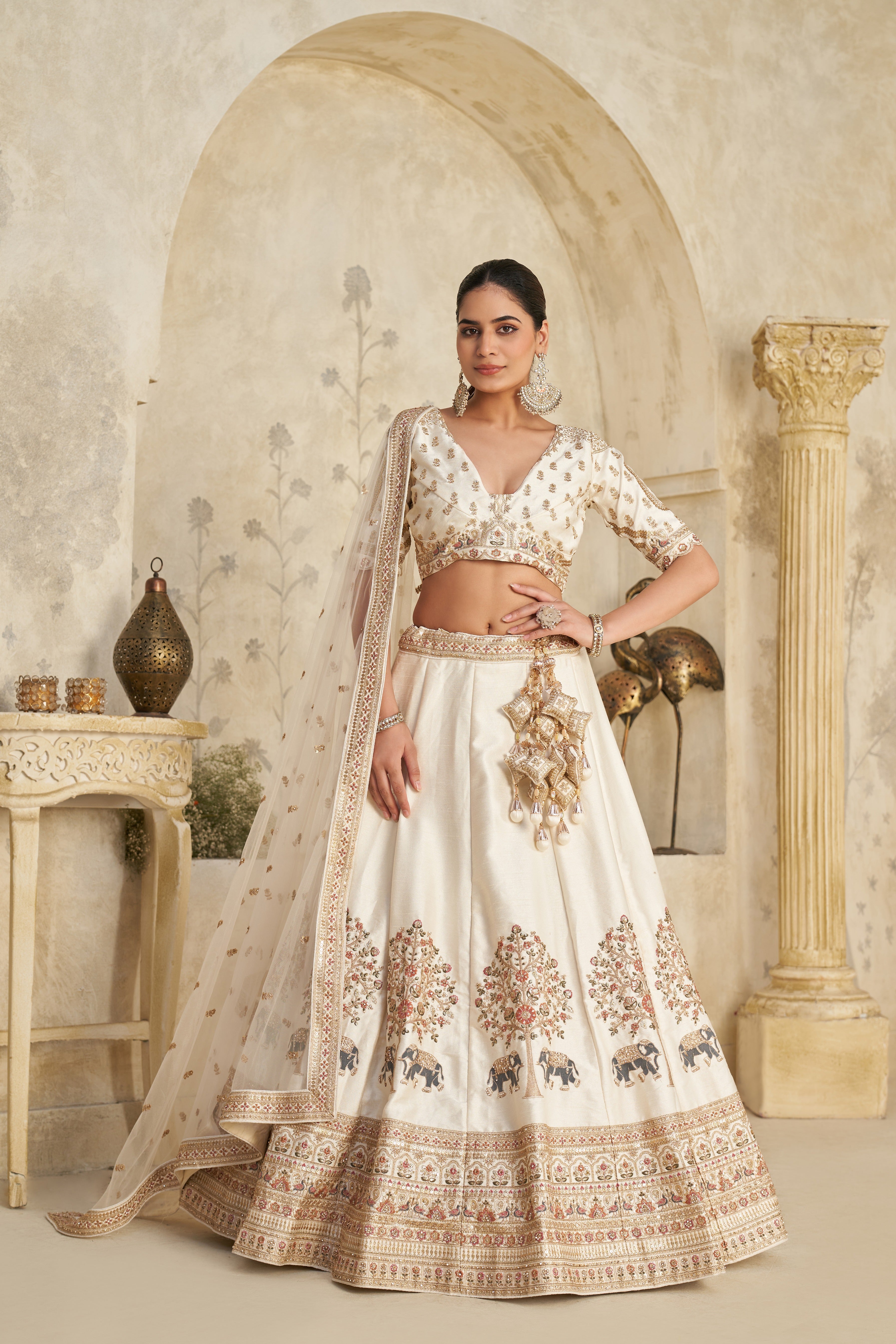 Cream Color Luxury Zari Embroidered Premium Bridal Lehenga Choli Set
