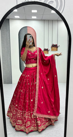 Wedding Special Crepe Silk Thread Embroidered Work Lehenga Dupatta Set
