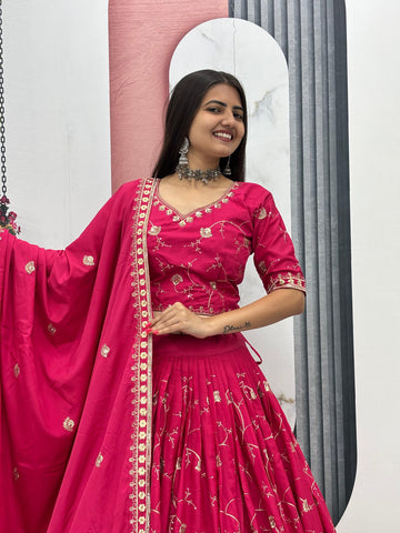 Wedding Special Crepe Silk Thread Embroidered Work Lehenga Dupatta Set
