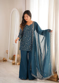 Teal Blue Crunchy Silk Sequence Work Kurta Bell Bottom Suit Set
