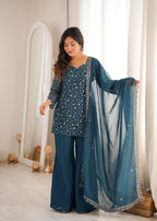 Teal Blue Crunchy Silk Sequence Work Kurta Bell Bottom Suit Set
