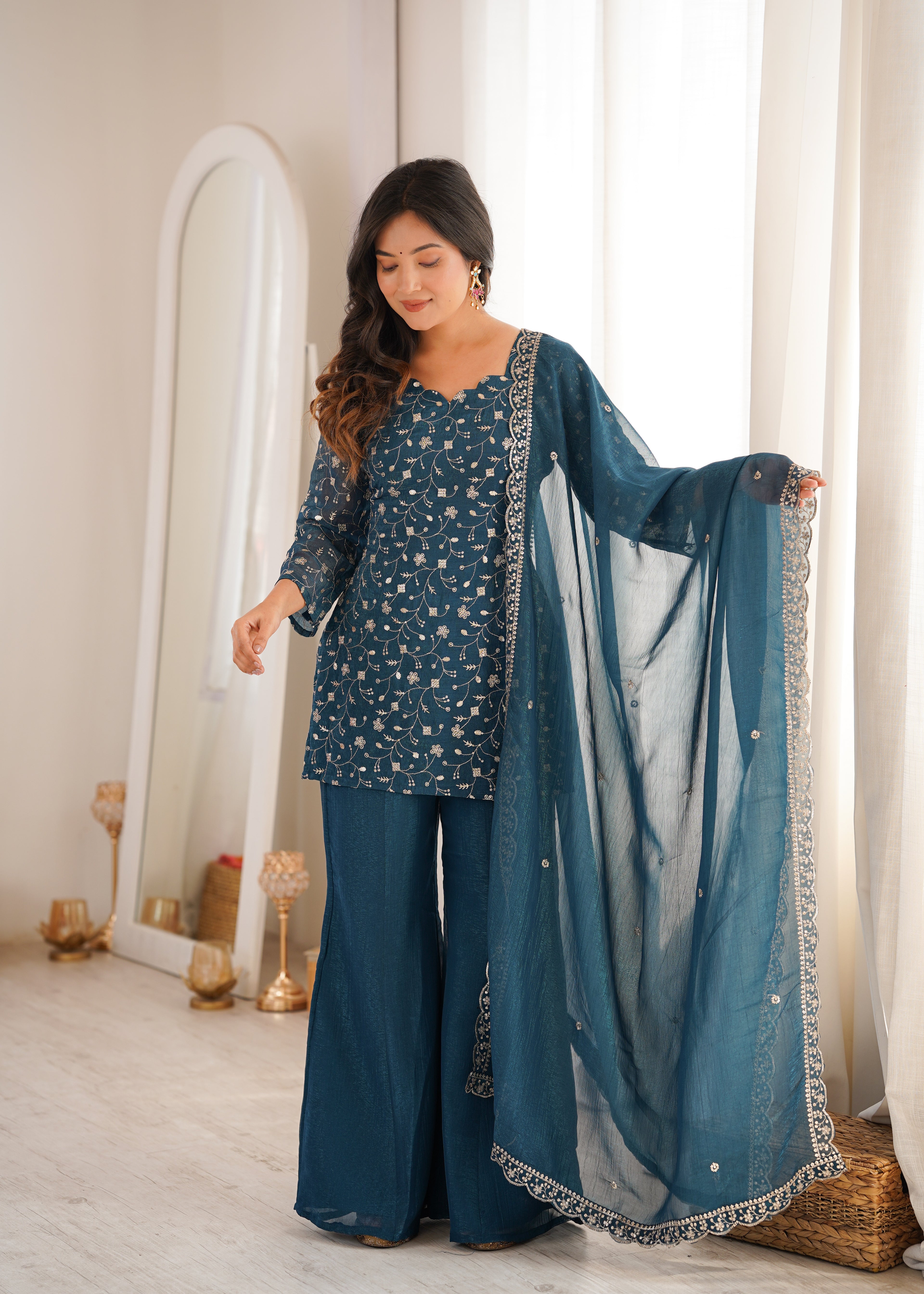 Teal Blue Crunchy Silk Sequence Work Kurta Bell Bottom Suit Set
