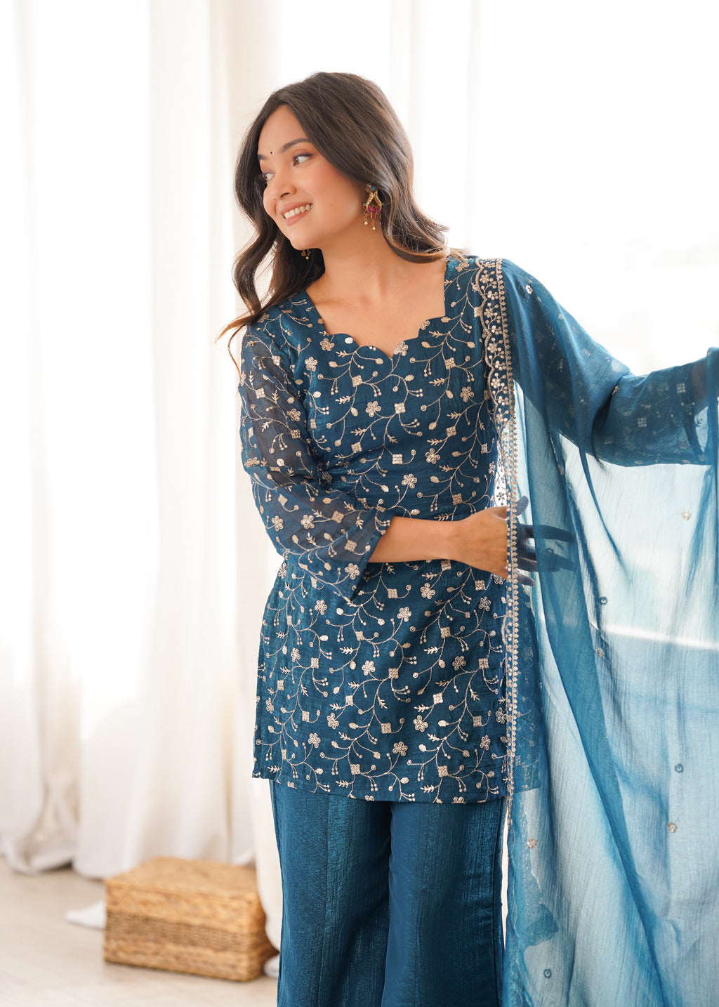 Teal Blue Crunchy Silk Sequence Work Kurta Bell Bottom Suit Set
