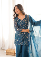 Teal Blue Crunchy Silk Sequence Work Kurta Bell Bottom Suit Set
