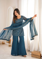 Teal Blue Crunchy Silk Sequence Work Kurta Bell Bottom Suit Set
