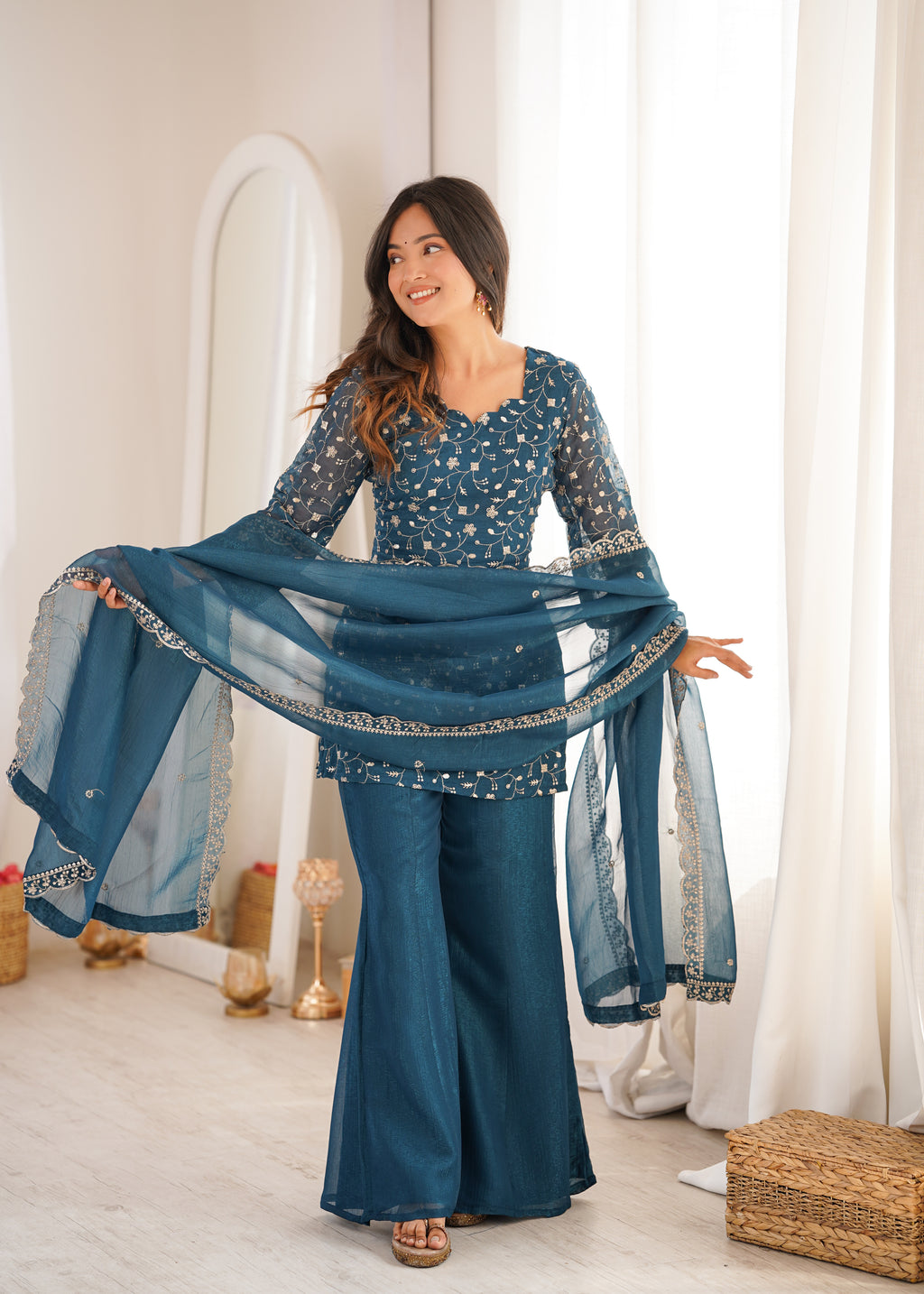 Teal Blue Crunchy Silk Sequence Work Kurta Bell Bottom Suit Set
