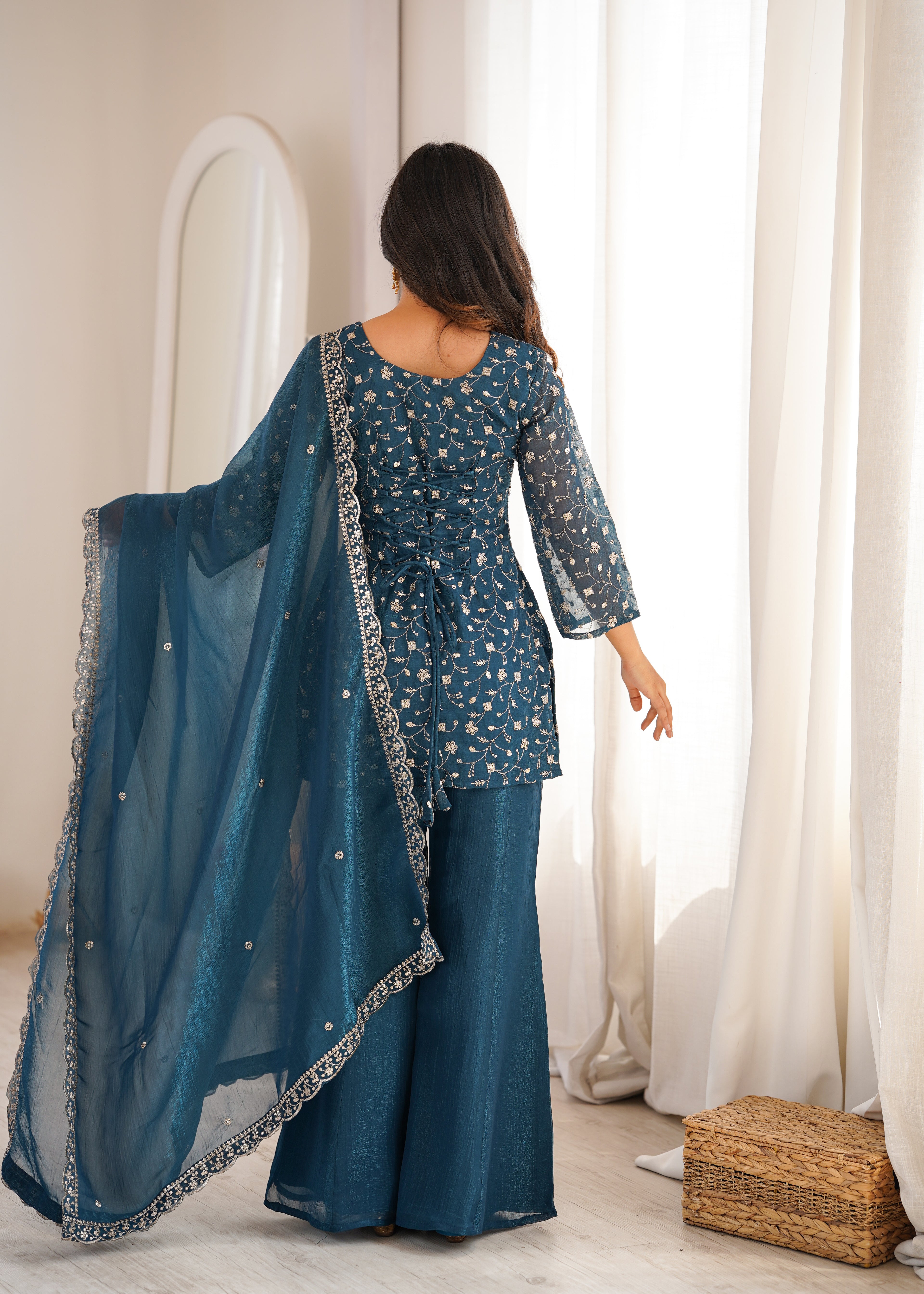 Teal Blue Crunchy Silk Sequence Work Kurta Bell Bottom Suit Set
