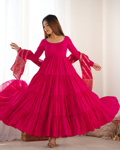 Pink Roman Silk Chanderi Fabric Fully Flared Anarkali Suit With Pent and Dupatta Set