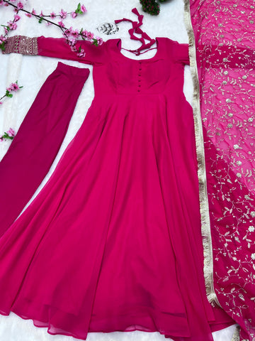 Rani Pink Color Pure Faux Georgette Kurti With Huge Flair Comes With Duppatta & Pant